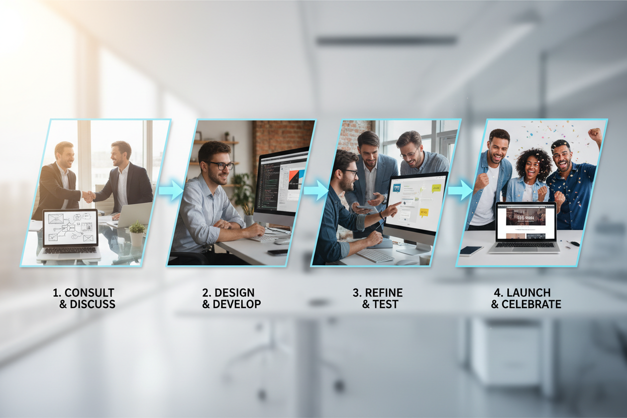 erstelle mir ein bild das überzeugt, für künden, wir erstellen ihre website, Prozess wie folgt, zuerst besprechen wir ihren website Wunsch, danach erstellen wir diese, danach verbessern wir und stellen ihre website online. schneller Prozess mit echten personen